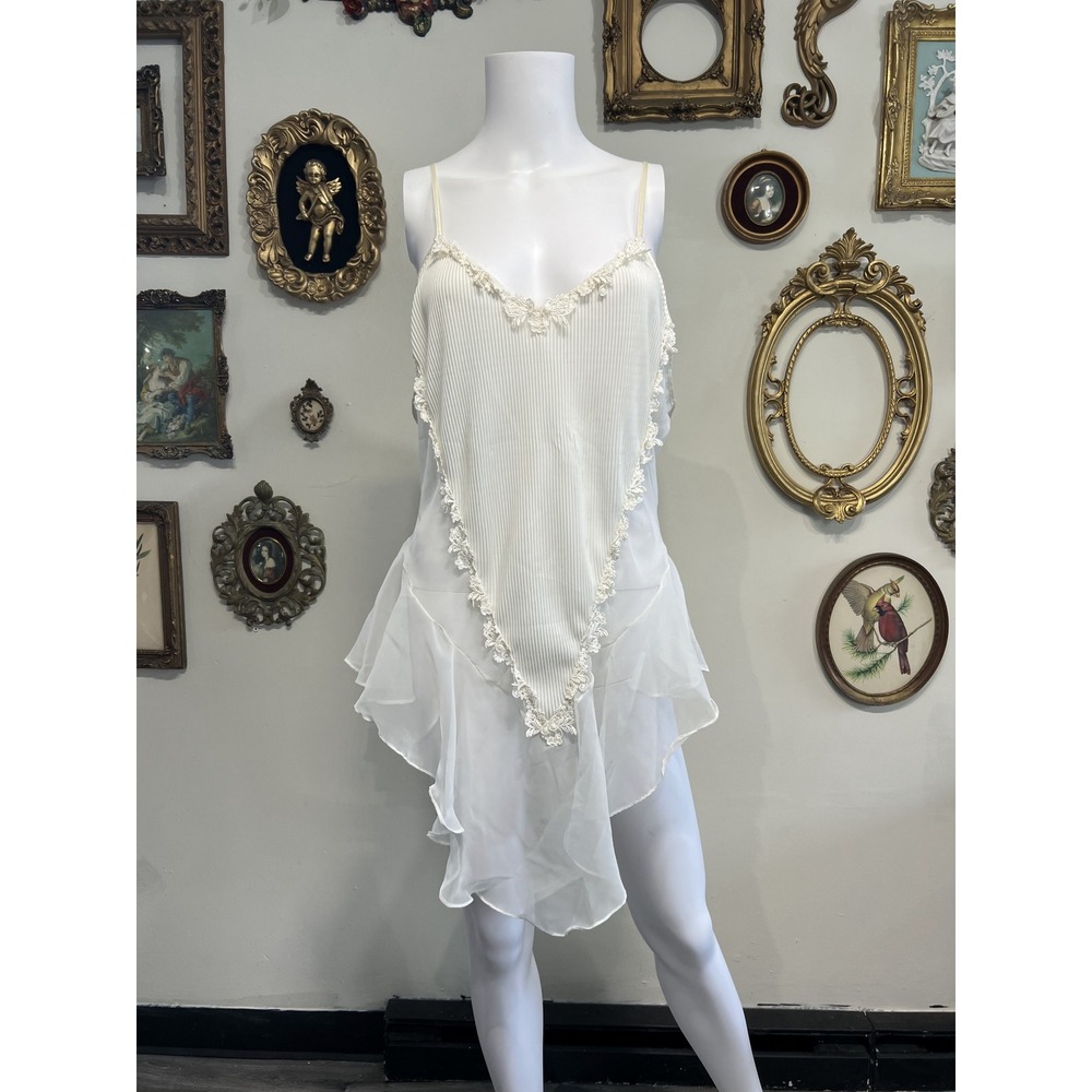Vintage Sophia Morgan Cream Lace Trim Sheer Ruffle Lingerie Chemise Slip XXL